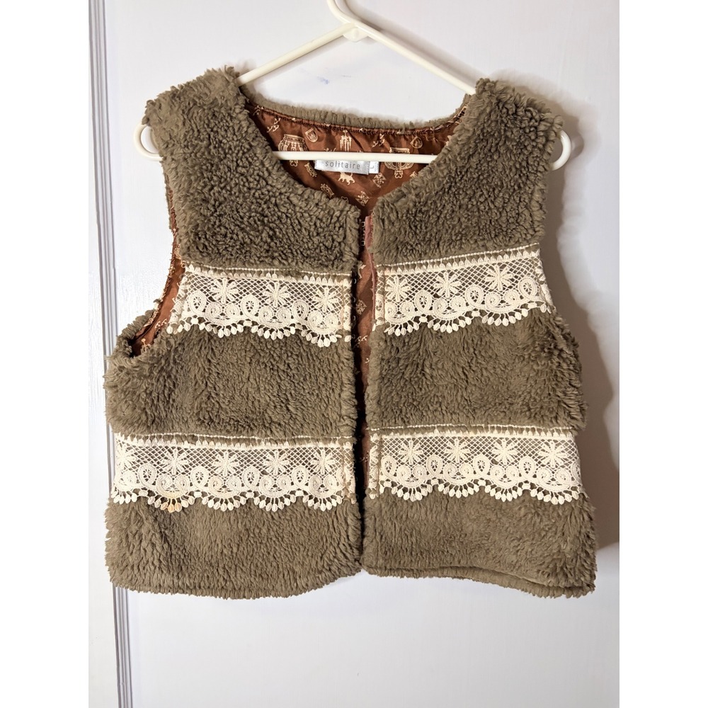 Solitaire Faux‎ Fur Crochet Lace Trim Vest Olive Brown Boho Lined Hook Eye Large